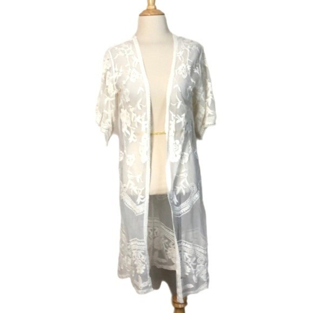 EMBER Women's Small Off‎ White Ivory Lace Open Front Kimono Duster Coverup